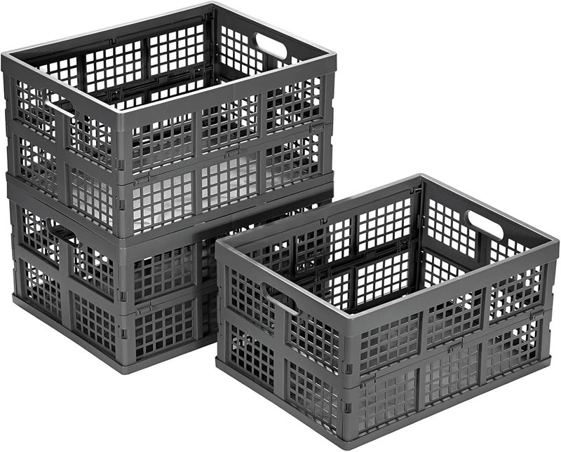 Eslite 34L Large Plastic Folding Storage Crates,Collapsible Crates for Storage,Pack of 3 (Grey) - Image 1